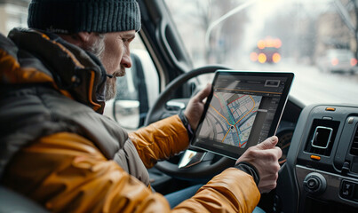 A focused truck driver uses a digital tablet for GPS navigation, planning the best route on the city map displayed on screen.