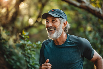 An active senior man with a joyful expression is jogging through a sunlit forest, embodying healthy aging and fitness. - obrazy, fototapety, plakaty