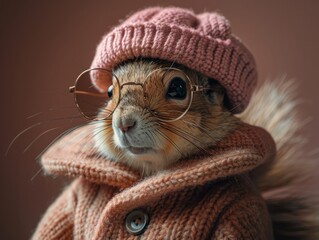 Obraz premium Adorable and cute squirrel portrait wearing retro and vintage clothes, retro accessories, nostalgia, vintage, 1800s, 1900s, 1920s, 1950s, 1960s, 1980, 1990, 2000s