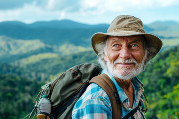 Cheerful elderly man with backpack and hat, enjoying a hike in the lush green mountains, representing an active outdoor lifestyle.