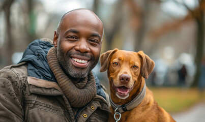 Smiling man with his dog in park.