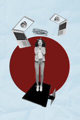 Trend artwork sketch image composite 3D photo collage of young lady hold hand on face stand on huge...