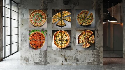 Pizza Artistry: Posters Displaying Scrumptious Pizzas Adorning a Grey Wall. Pizzeria Vibes.