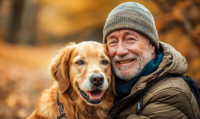 An elderly man shares a moment of joy with his loyal Golden Retriever amidst the golden leaves of an autumn park.