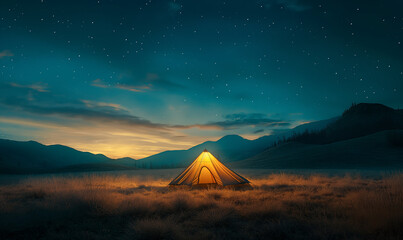 A glowing tent in a serene field captures the magical essence of twilight camping under a star-filled sky, surrounded by mountains.