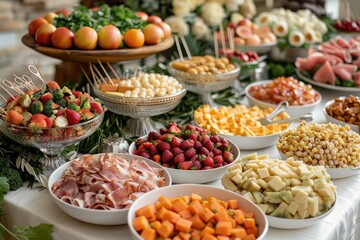 Fototapeta premium luxurious decoration of white tablecloths with lots of finger food prepared professional advertising food photography