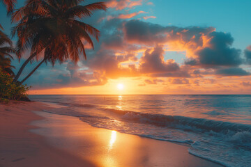The sun dips below the horizon, casting a warm glow over a serene tropical beach lined with the silhouettes of palm trees.