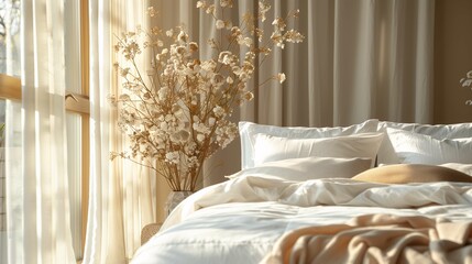 Cozy Bedroom Interior with Sunlight and Dried Flowers