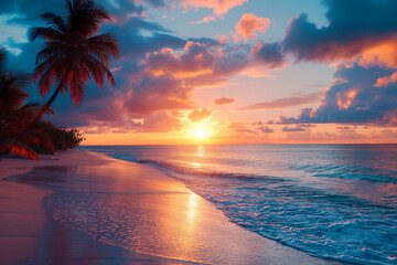 The sun dips below the horizon, casting a warm glow over a serene tropical beach lined with the silhouettes of palm trees.