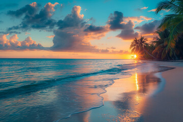 The sun dips below the horizon, casting a warm glow over a serene tropical beach lined with the silhouettes of palm trees.