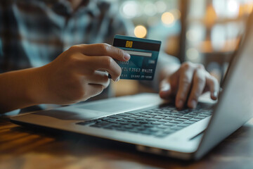 businessman holding credit card and typing on laptop for online shopping and payment makes a purchase on the Internet, Online payment, Business financial and technology