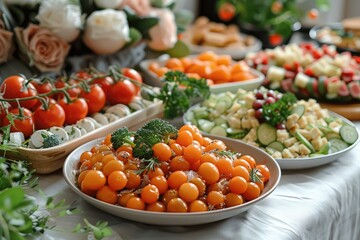 luxurious decoration of white tablecloths with lots of finger food prepared professional advertising food photography