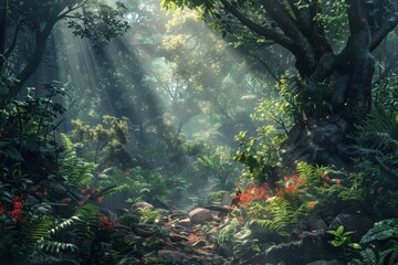 The mysterious and enchanting atmosphere of a misty forest at dawn, with rays of sunlight piercing...