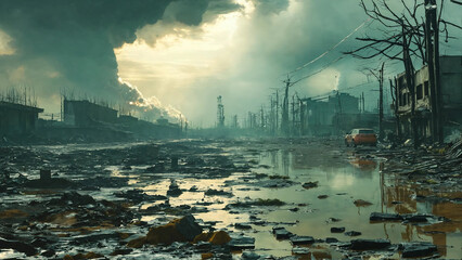Scene of polluted air and waterways 16:9 with copy space