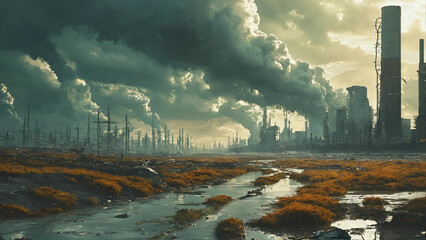 Scene of polluted air and waterways 16:9 with copy space - obrazy, fototapety, plakaty
