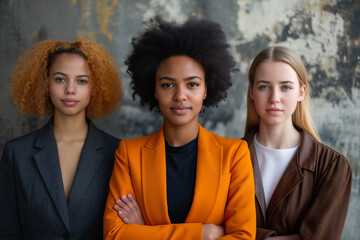 Three diverse female professionals demonstrating confidence and unity, dressed in formal business attire.