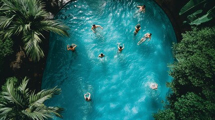 Top view of people swimming in a large pool. Relaxation at the resort with blue clear water in the pool and palms