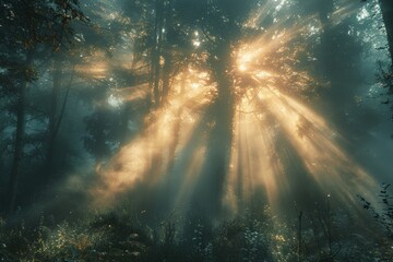 The mysterious and enchanting atmosphere of a misty forest at dawn, with rays of sunlight piercing...