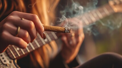 Close-up view of a cannabis cigarette lit with smoke in the hand of a guitar player