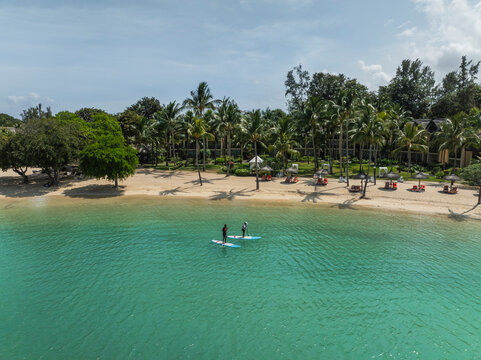 Aerial view of beautiful beach with palm trees and turquoise water, Riviere Noire, Mauritius.