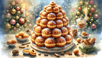 Deurstickers Watercolor Painting of Old Fashioned Doughnut Croquembouche © monkik.