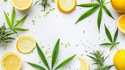Cannabis plant leaves and orange slice over plain background.