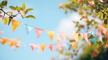 Colorful pennant string decoration in green tree foliage on blue sky summer party background template banner with copy space 