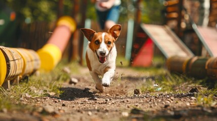 Dog puppy agility training.  - obrazy, fototapety, plakaty
