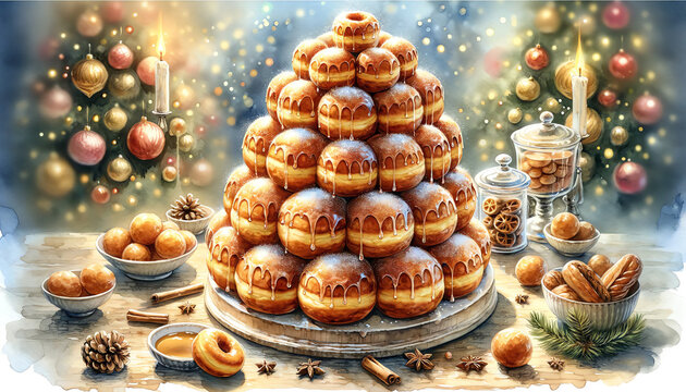 Watercolor Painting of Old Fashioned Doughnut Croquembouche