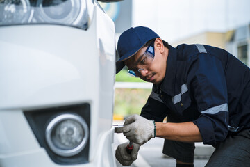 A man is working on a car, wearing a blue shirt and a blue hat. He is wearing safety glasses and gloves