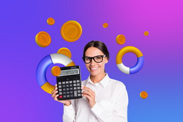 Creative photo collage young accountant businesswoman showing numbers calculation earnings income...