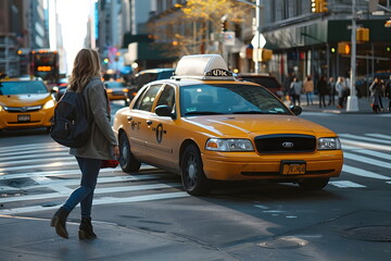 A pedestrian crossing the street next to a taxi