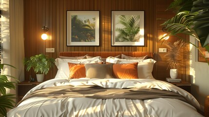 Cozy Modern Bedroom Interior with Tropical Decor