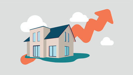 Adobe IlluVektor-Illustration einer privaten Immobilie mit einer aufsteigenden Börsenkurve im Hintergrund - Immobilienkonzeptstrator Artwork - obrazy, fototapety, plakaty