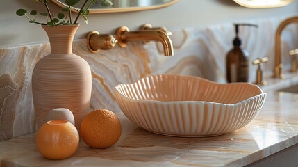 Fototapeta na wymiar Elegant Bathroom Decor with Ceramic Vase and Washbasin