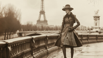 A sepia-toned vintage-style photograph that features an elegant woman posing on the streets with...