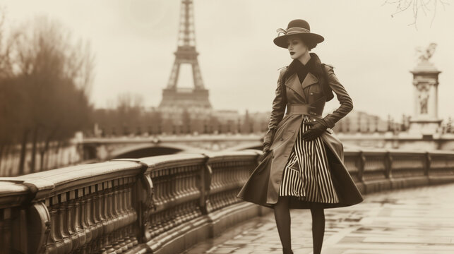 A sepia-toned vintage-style photograph that features an elegant woman posing on the streets with the Eiffel Tower in the background.