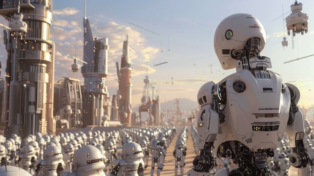 A Robot Is Walking Through A City Full Of Robots