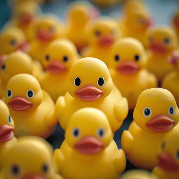 A bunch of yellow rubber ducks are lined up in a row