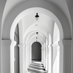 A long, narrow hallway with white pillars and a white ceiling
