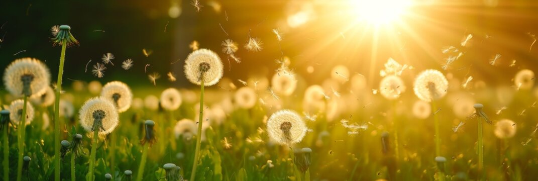 Spring field with dandelion and pollen flying in air in allergic season.