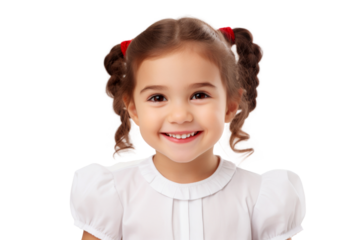 Studio portrait of cute little girl wearing student school uniform costume with smile and looking at camera isolated on transparent png background.