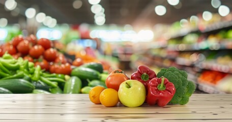Colorful Fruits and Vegetables on Wood Table Against Blurred Grocery Store Background - obrazy, fototapety, plakaty