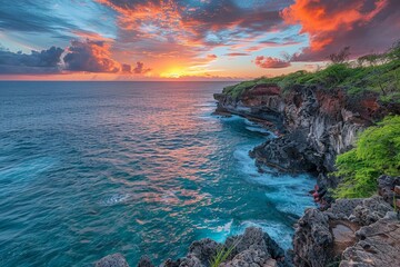 The dramatic and picturesque scenery of a cliffside ocean view at sunset, with vibrant colors and a sense of grandeur. - obrazy, fototapety, plakaty