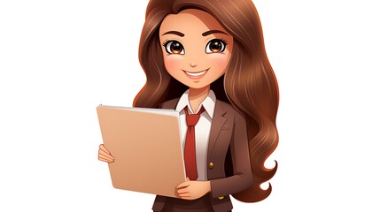 cute Young smiling business woman or office worker stands and holds work documents folder. people character illustration. Cartoon minimal style on Isolated Transparent jpg background