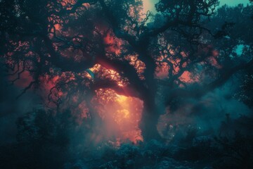 Fototapeta na wymiar Twilight Whispers,Immersed in the Ethereal Beauty of a Forest Alive with Mist and Glowing Creatures