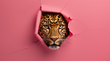 A leopard peeking through the hole in pink paper, copy space concept on solid background