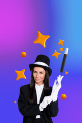 Vertical creative photo collage young woman magician formalwear suit showing trick stick performance gloves cylinder hat enchantment