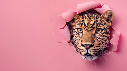 A leopard peeking through the hole in pink paper, copy space concept on solid background