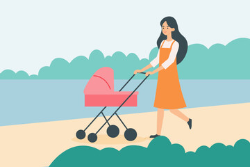 Young Woman with Child Carriage in City Park. Maternity, Love, Family Cartoon Flat Vector Illustration. mother's day